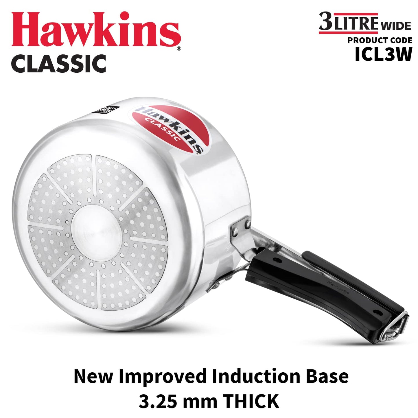 Hawkins Classic Aluminium Induction Base Inner Lid Pressure Cooker, 3 Litres Wide