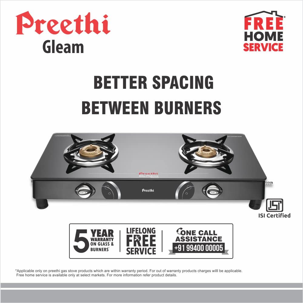 Preethi Blu Flame Gleam GTS-102 Toughened Glass Top Gas Stove, 2 Burner