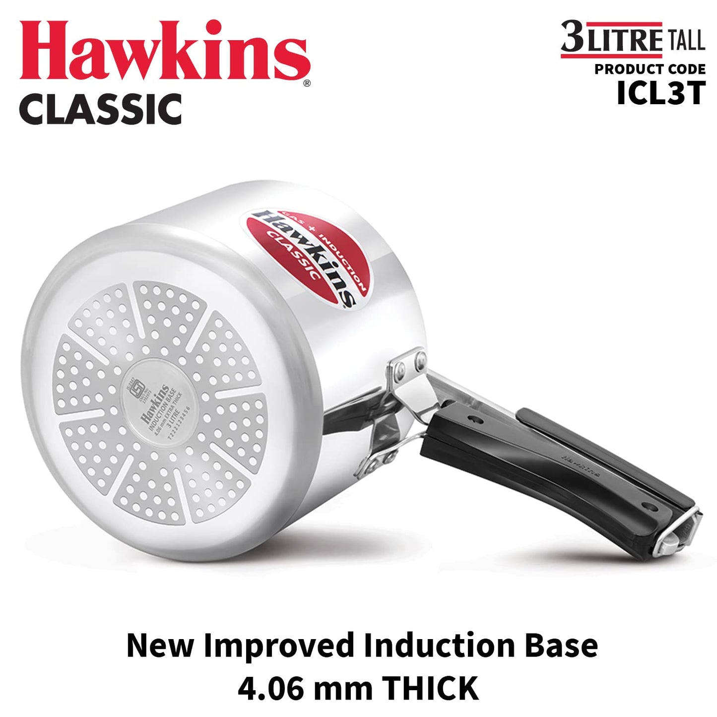 Hawkins Classic Aluminium Induction Base Inner Lid Pressure Cooker, 3 Litres Tall