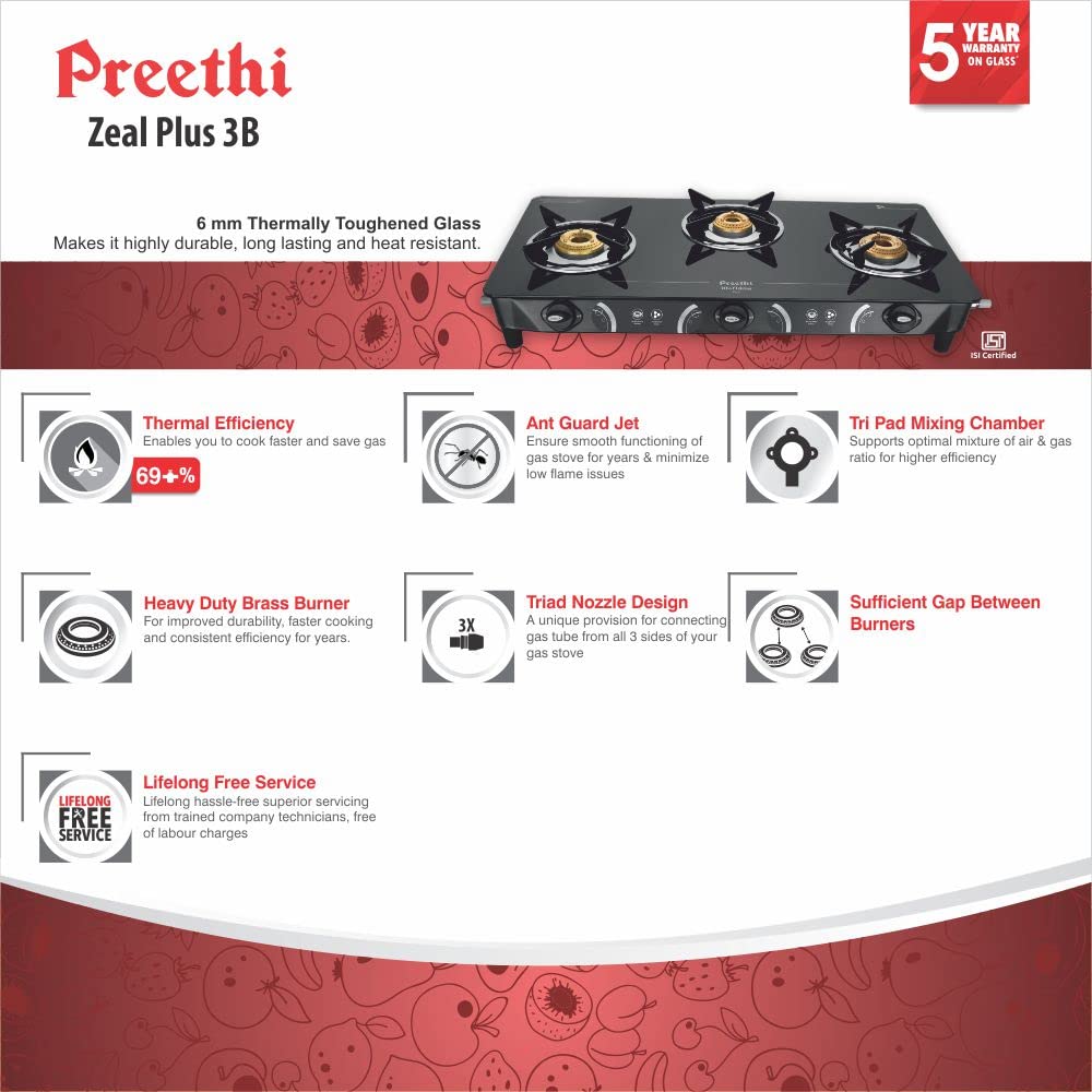 Preethi Blu Flame Zeal Plus GTS-409 Toughened Glass Top Gas Stove, 3 Burner