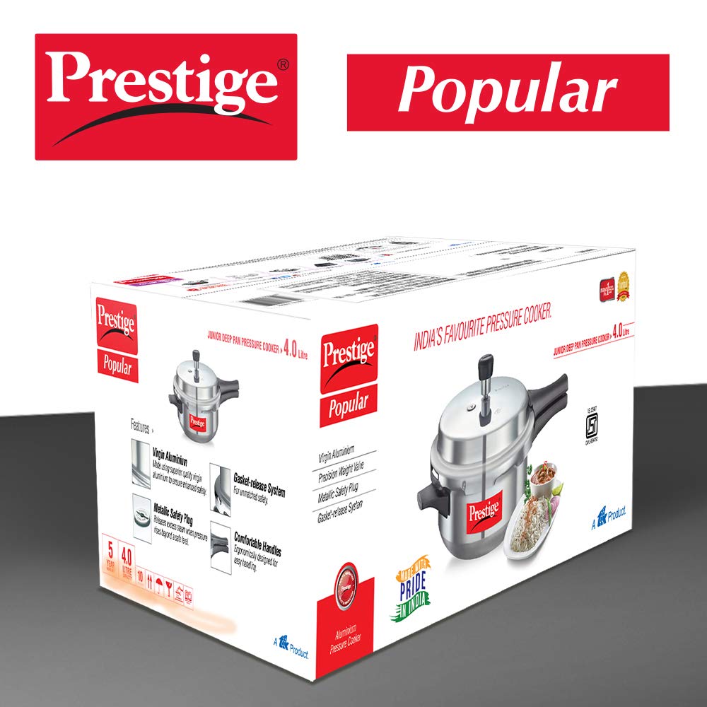 Prestige Popular Aluminium Non-Induction Base Outer Lid Junior Deep Pressure Cooker Pan, 4 Litres