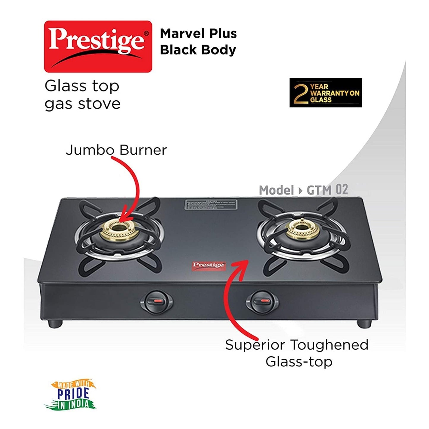 Prestige Marvel Plus GTM 02 Black Toughened Glass Top Gas Stove, 2 Burner