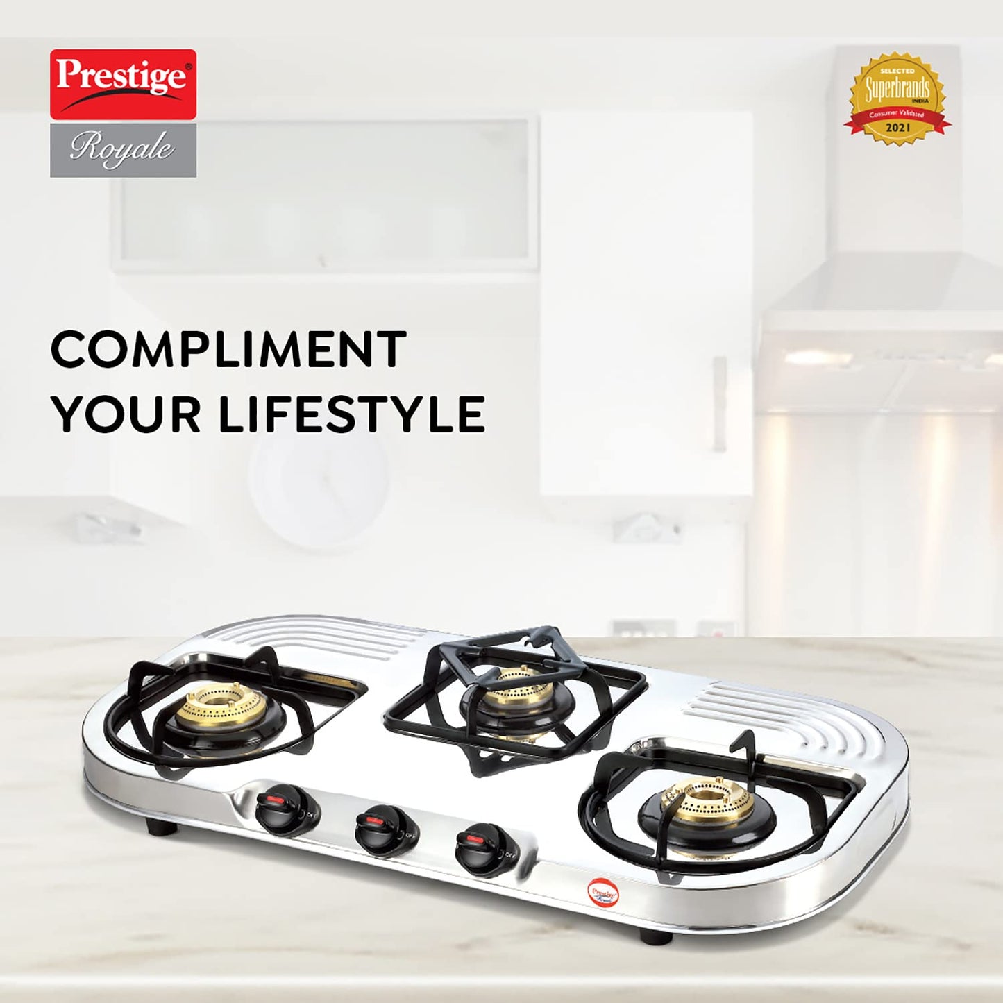 Prestige Royale DGS 03L Stainless Steel Gas Stove, 3 Burner