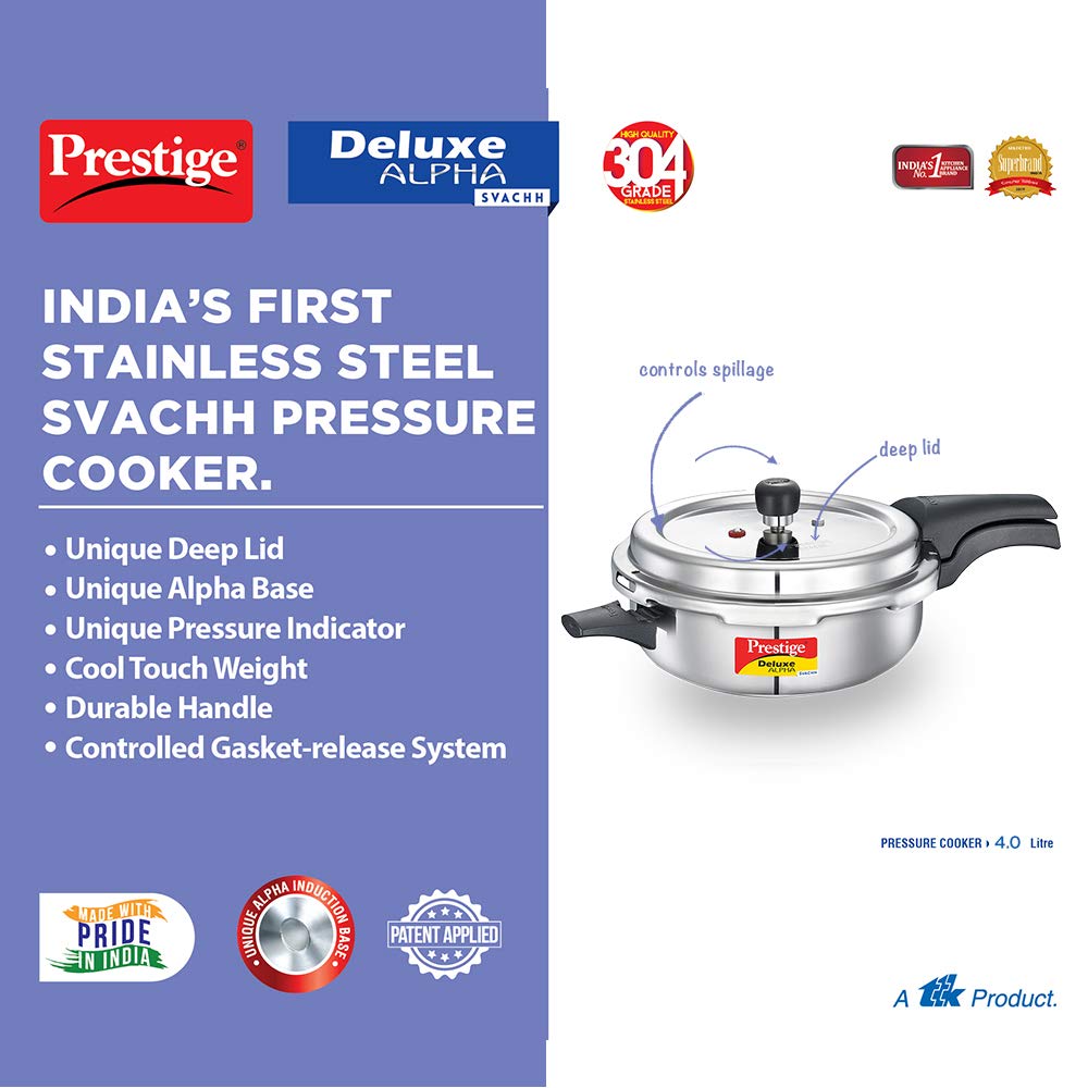 Prestige Deluxe Alpha Svachh Stainless Steel Induction Base Outer Lid Senior Pressure Cooker Pan, 4 Litres