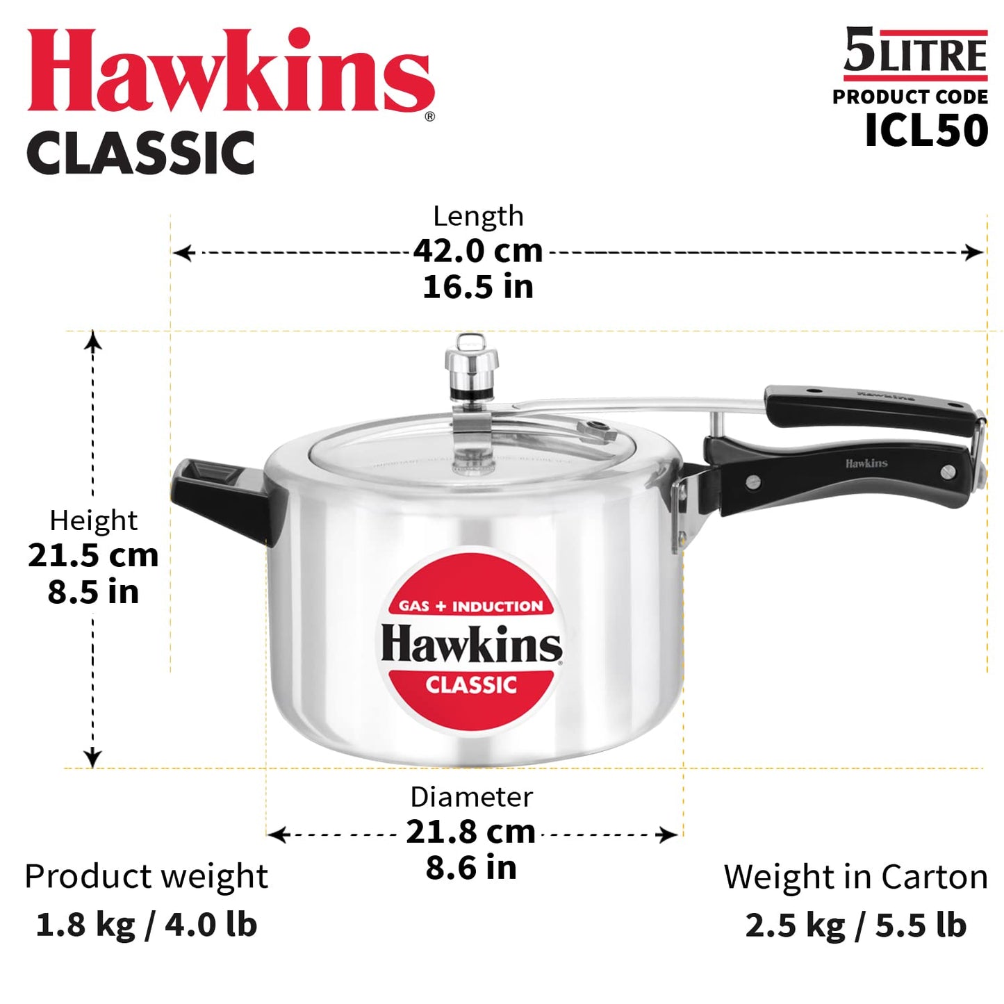 Hawkins Classic Aluminium Induction Base Inner Lid Pressure Cooker, 5 Litres