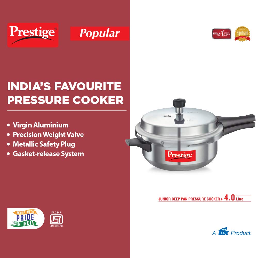 Prestige Popular Aluminium Non-Induction Base Outer Lid Junior Deep Pressure Cooker Pan, 4 Litres
