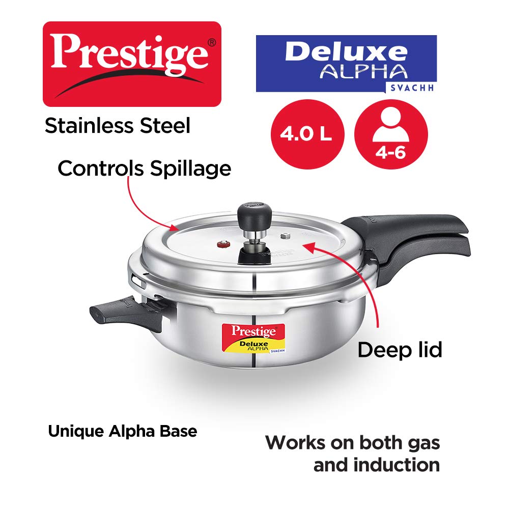 Prestige Deluxe Alpha Svachh Stainless Steel Induction Base Outer Lid Senior Pressure Cooker Pan, 4 Litres