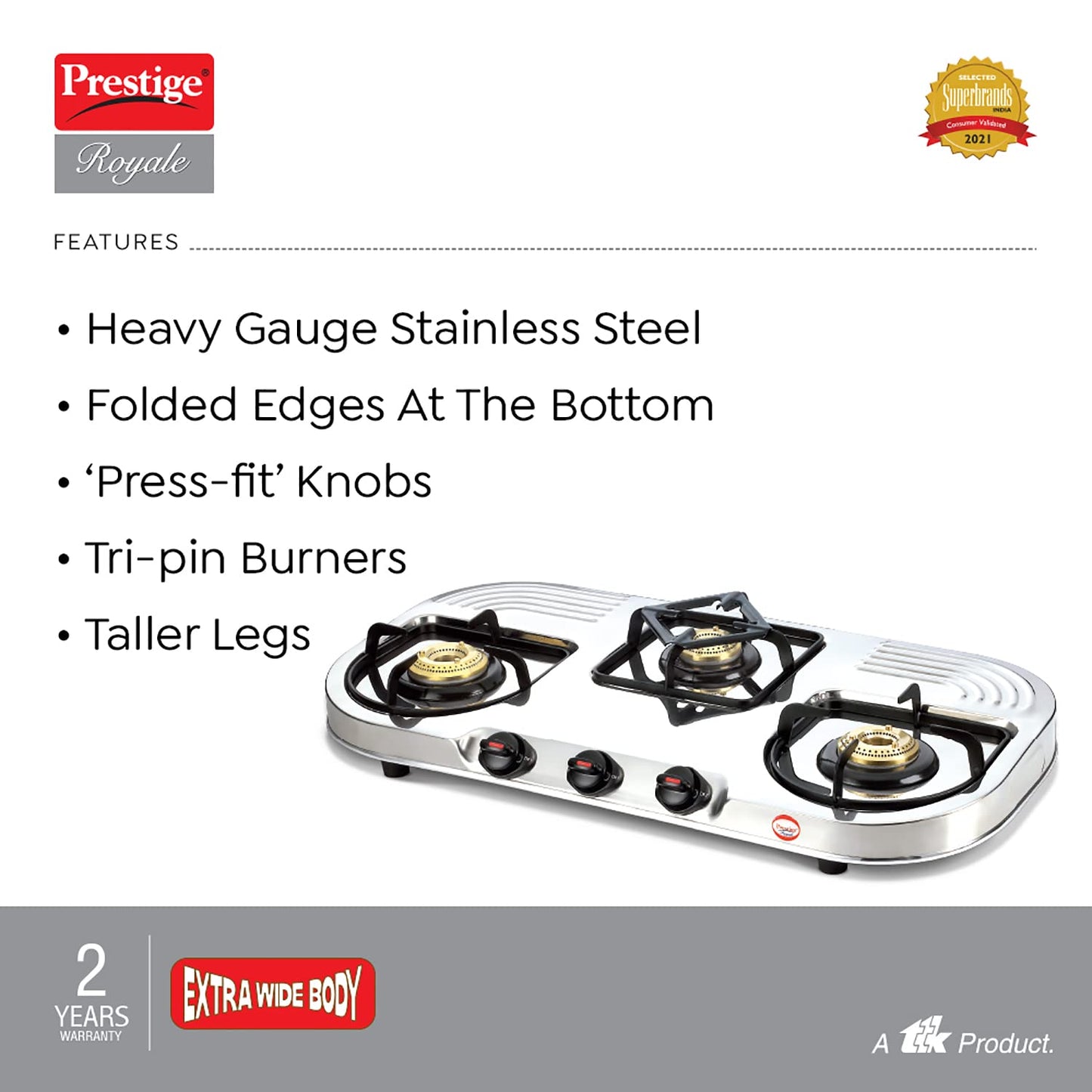 Prestige Royale DGS 03L Stainless Steel Gas Stove, 3 Burner