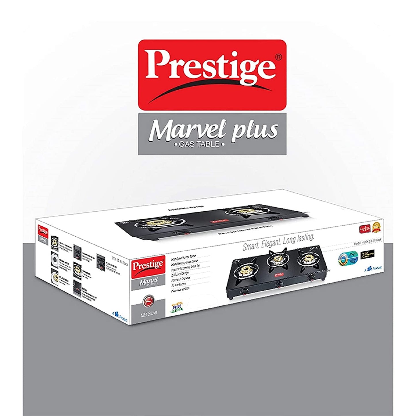 Prestige Marvel Plus GTM 03L Black Toughened Glass Top Gas Stove, 3 Burner