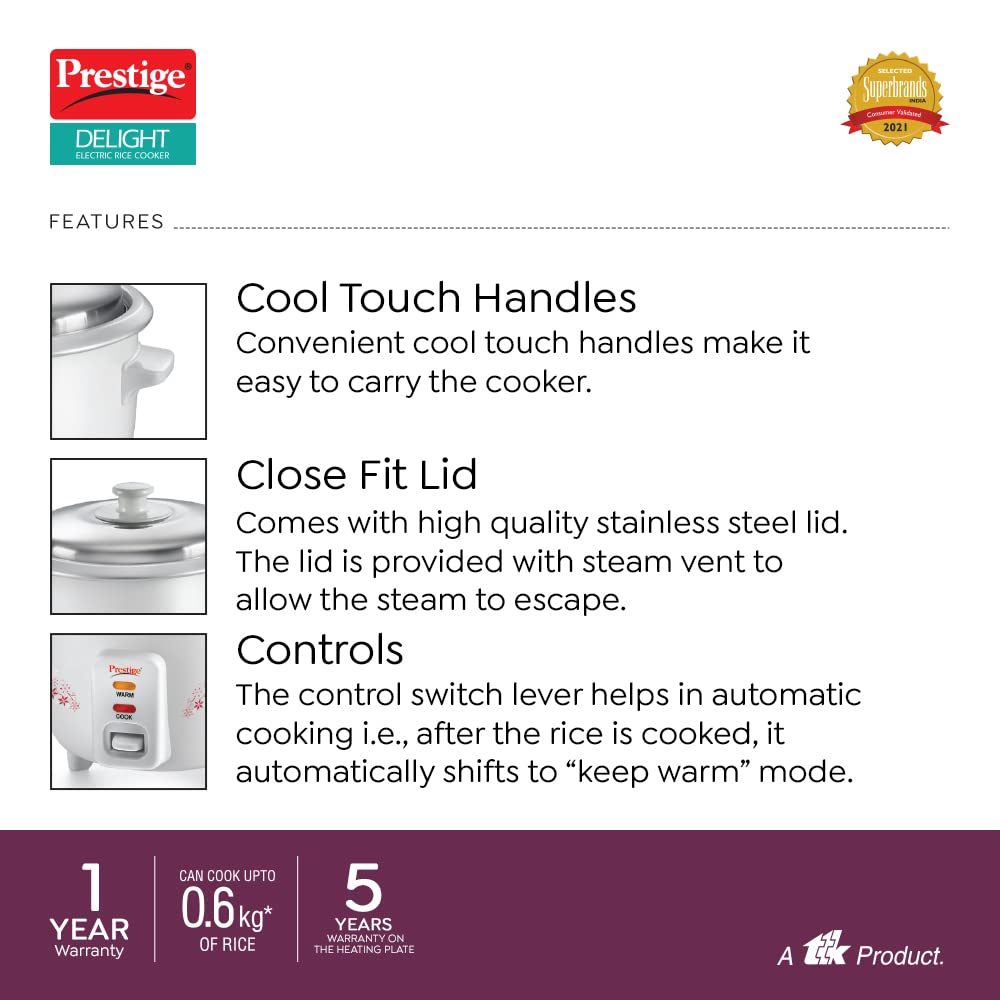 Prestige Delight PRWO 1.5 Electric Rice Cooker, 1.5 Litres