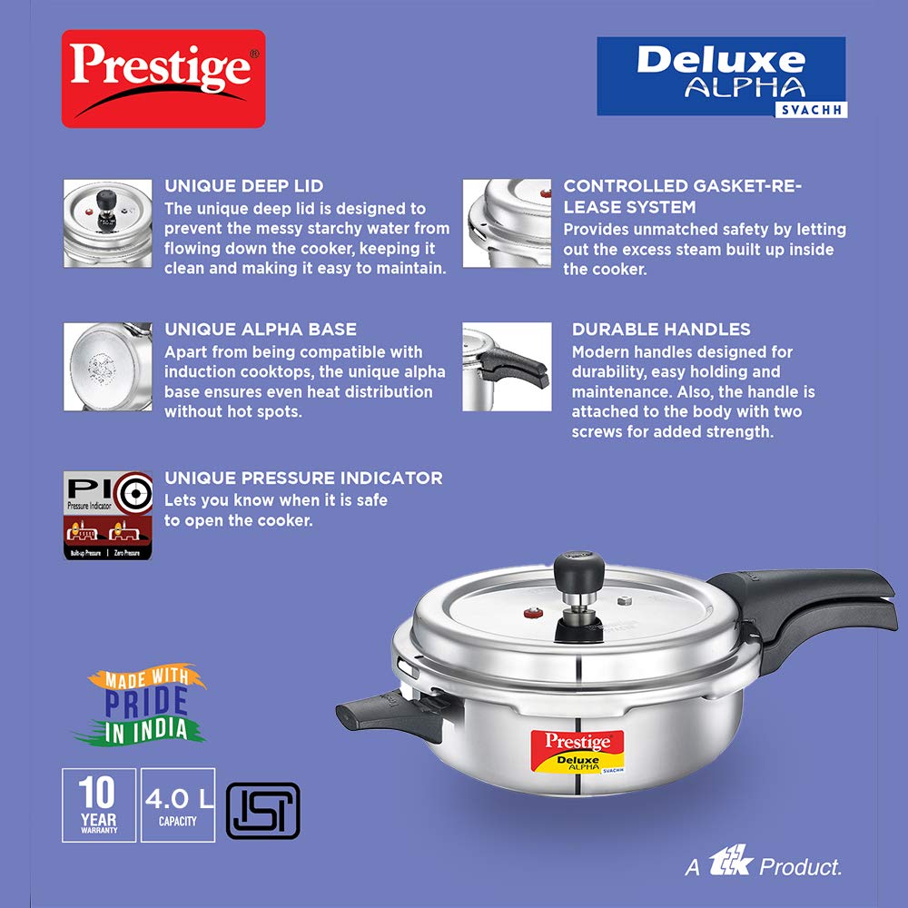 Prestige Deluxe Alpha Svachh Stainless Steel Induction Base Outer Lid Senior Pressure Cooker Pan, 4 Litres