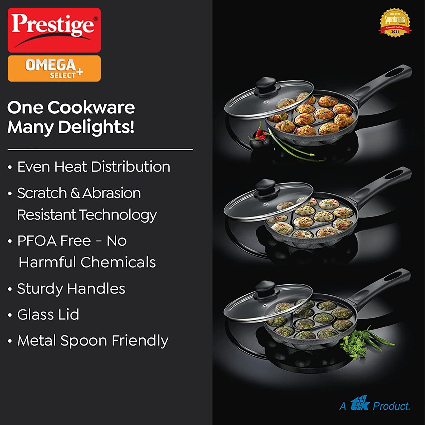 Prestige Omega Select Plus Aluminium Non-Induction Base Non-Stick Paniyarakkal with Lid
