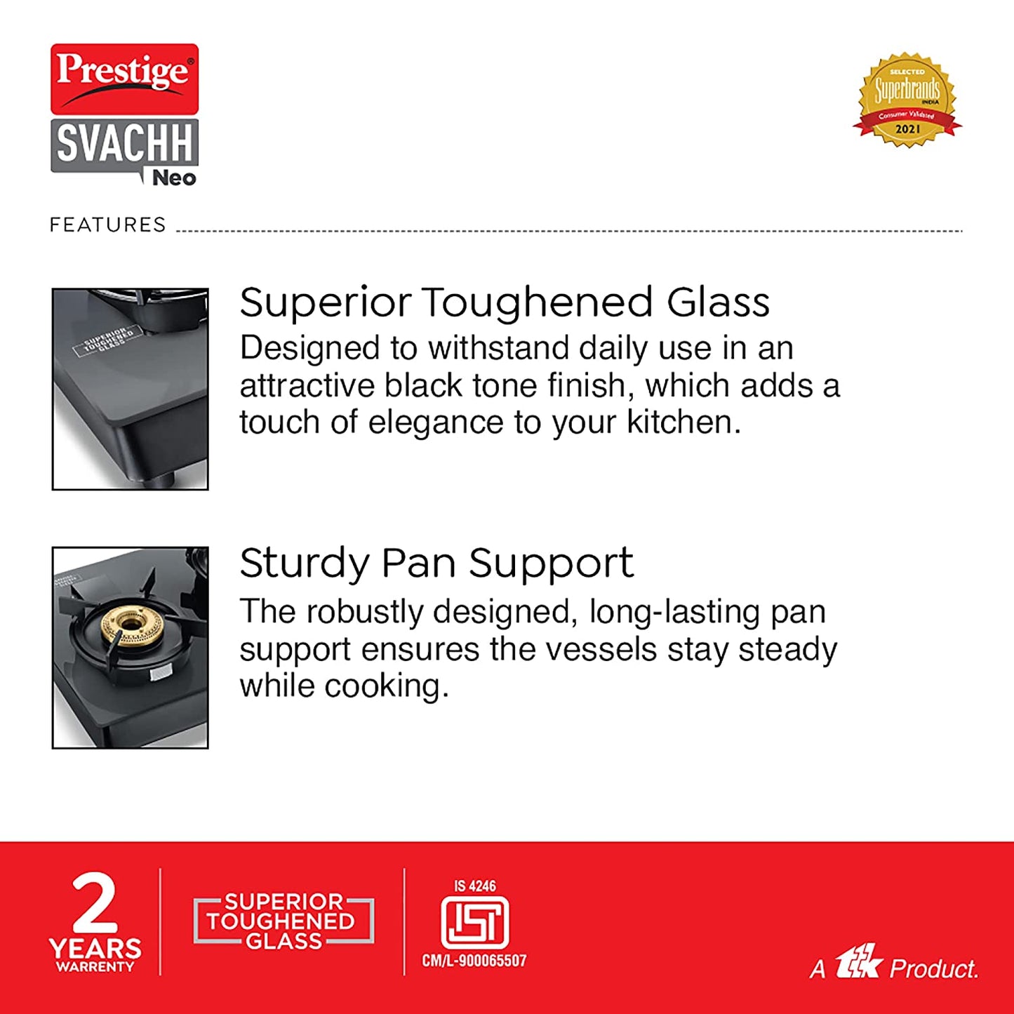 Prestige Svachh Neo GTSN 02 Toughened Glass Top Gas Stove with Liftable Burner Set, 2 Burners