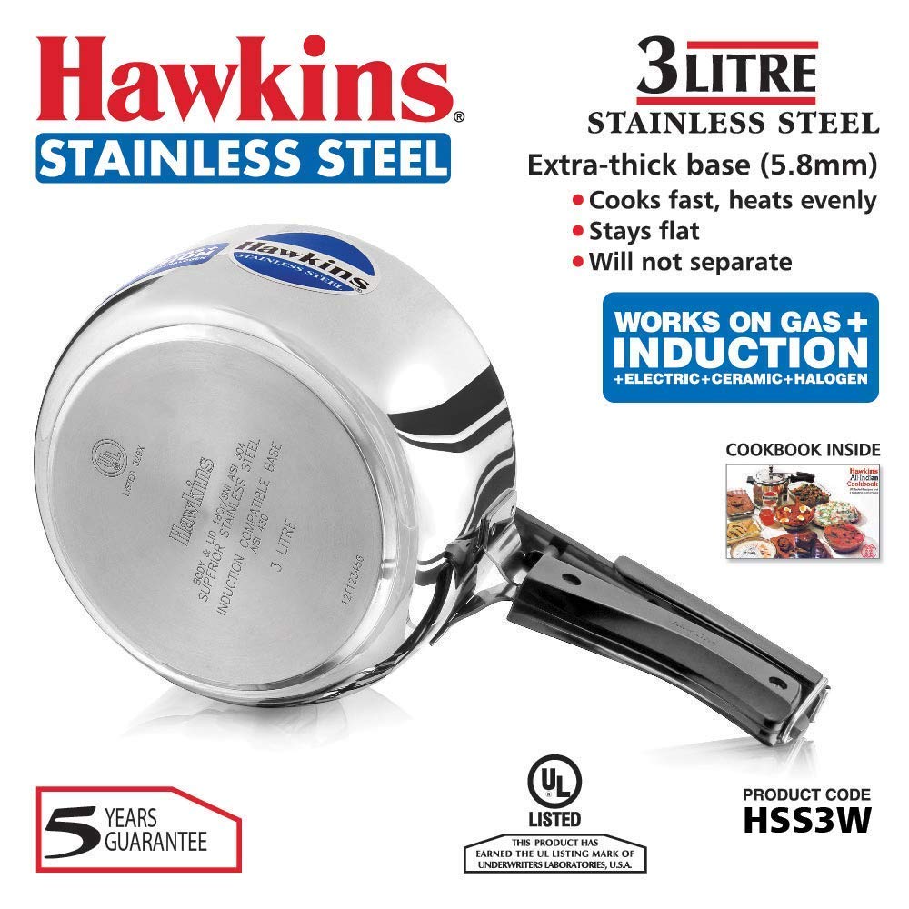Hawkins Stainless Steel Induction Base Inner Lid Pressure Cooker, 3 Litres Wide