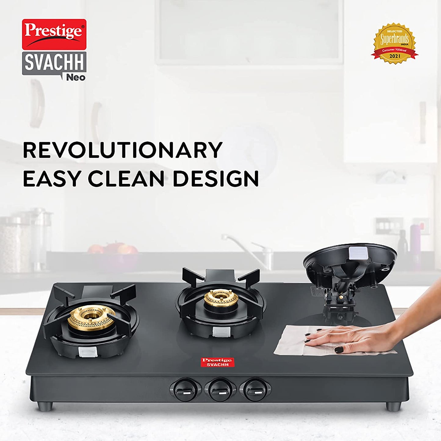 Prestige Svachh Neo GTSN 03 Toughened Glass Top Gas Stove with Liftable Burner Set, 3 Burners
