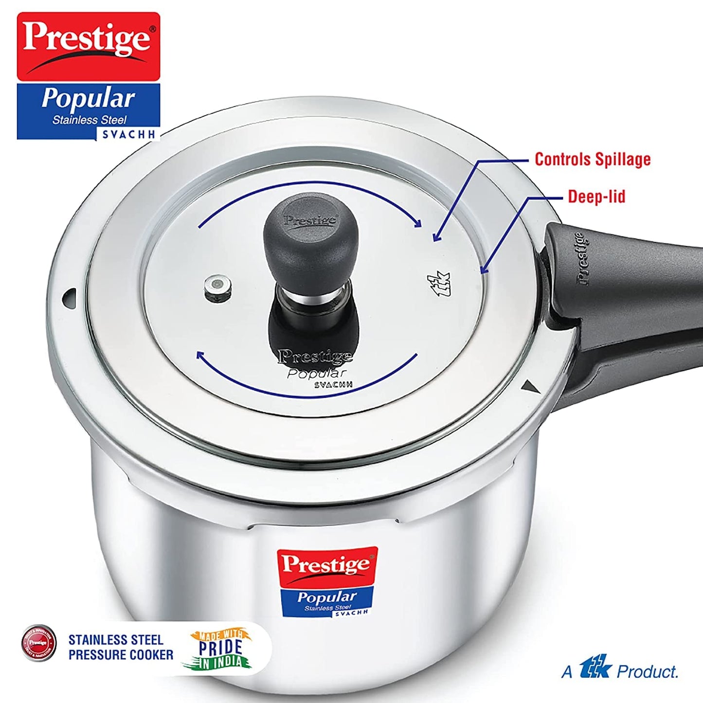 Prestige Popular Svachh Stainless Steel Induction Base Outer Lid Pressure Cooker, 2 Litres