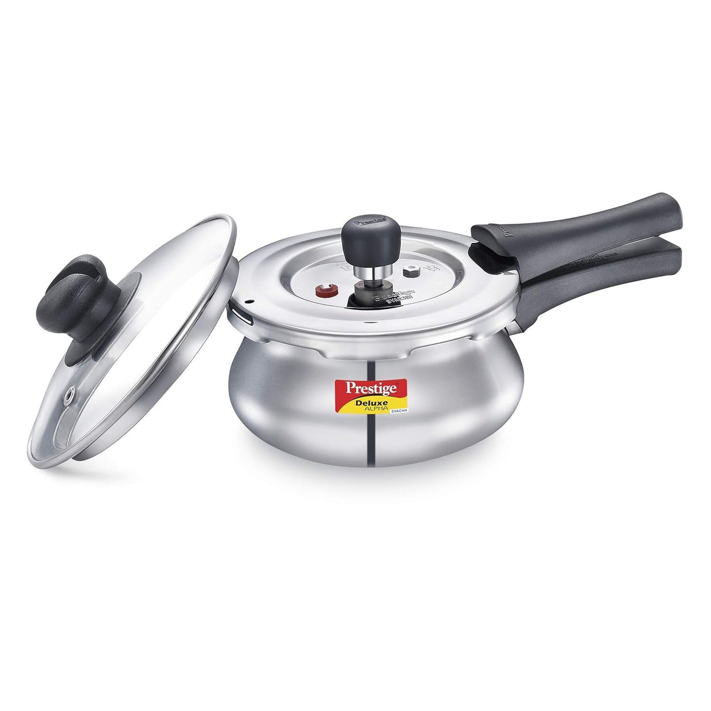 Prestige Deluxe Alpha Svachh Stainless Steel Induction Base Pressure Cooker Handi with Glass Lid, 1.5 Litres