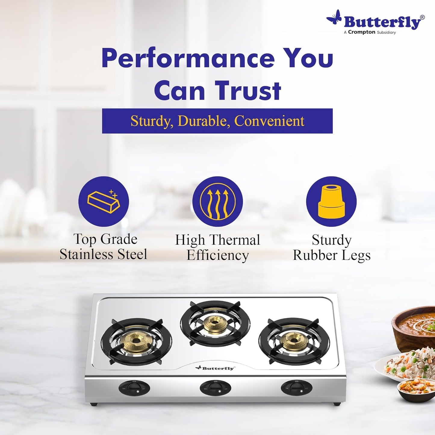 Butterfly Bolt Stainless Steel Gas Stove, 3 Burner