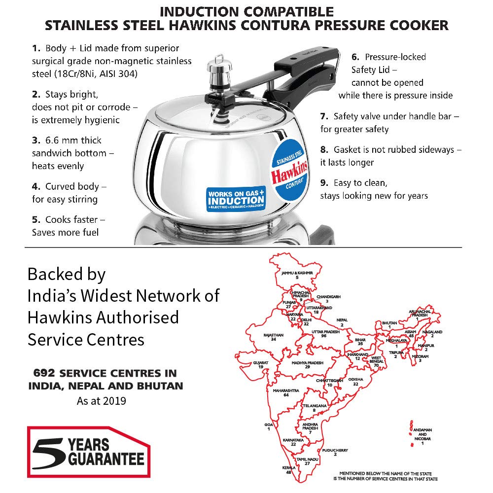 Hawkins Contura Stainless Steel Induction Base Inner Lid Pressure Cooker, 3 Litres