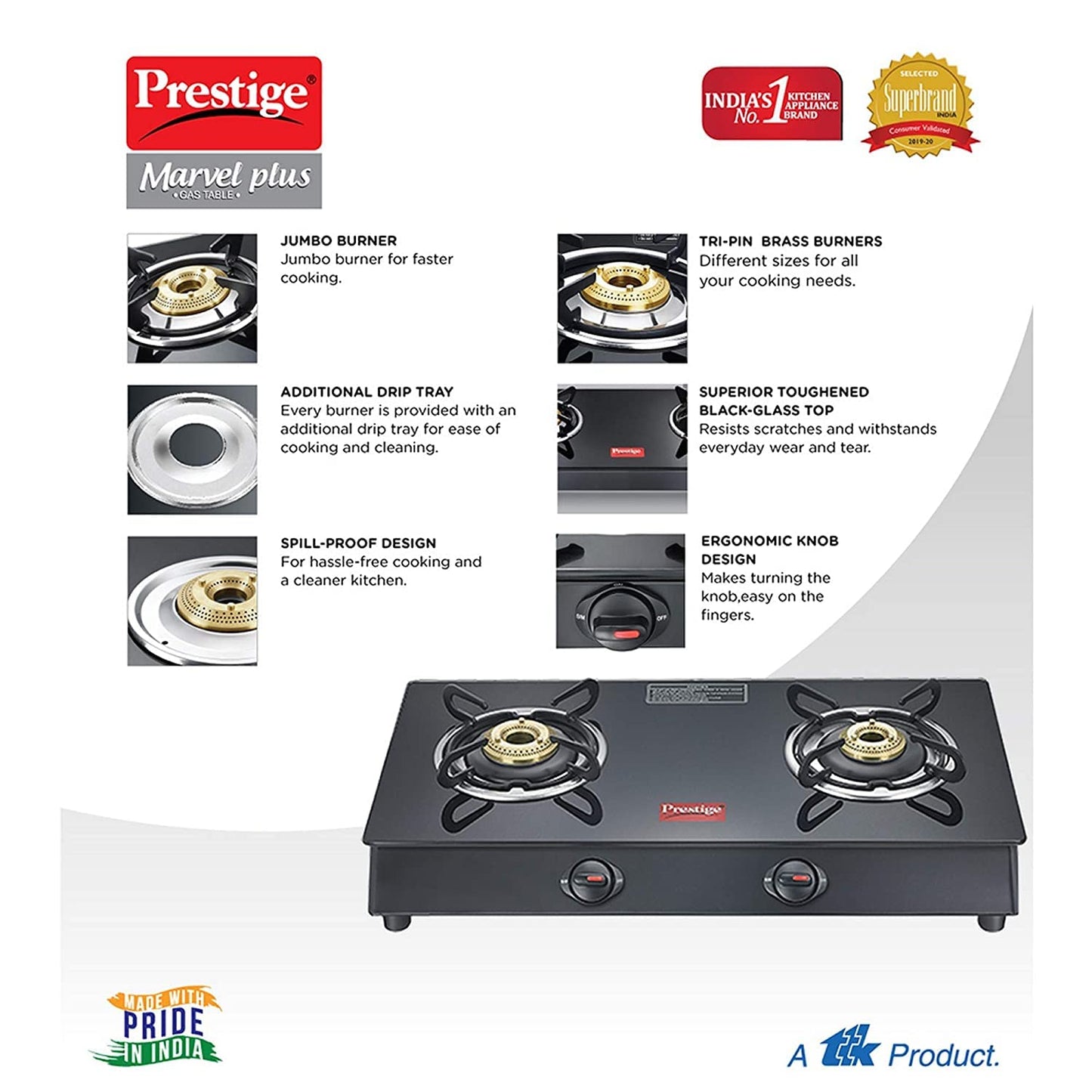 Prestige Marvel Plus GTM 02 Black Toughened Glass Top Gas Stove, 2 Burner