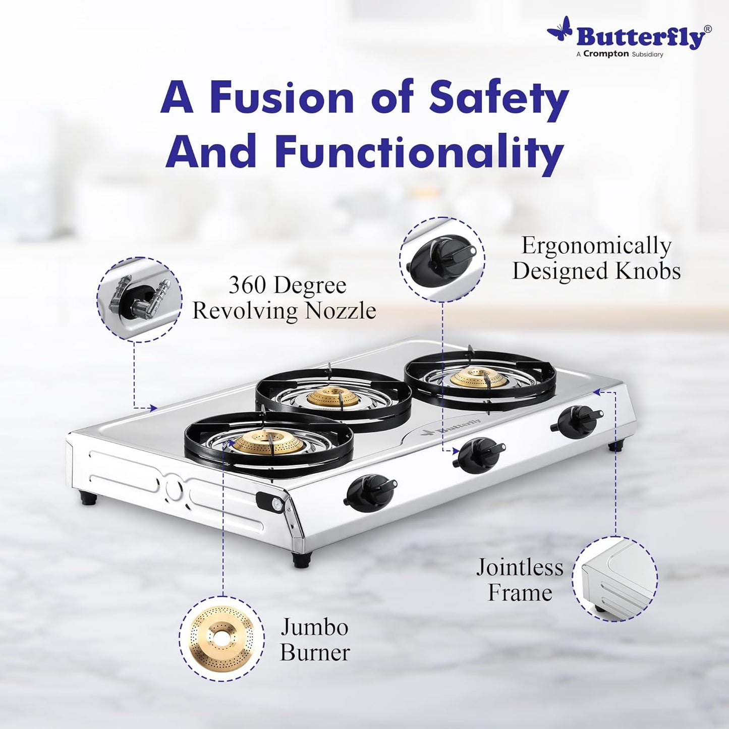 Butterfly Bolt Shakti Stainless Steel Gas Stove, 3 Burner