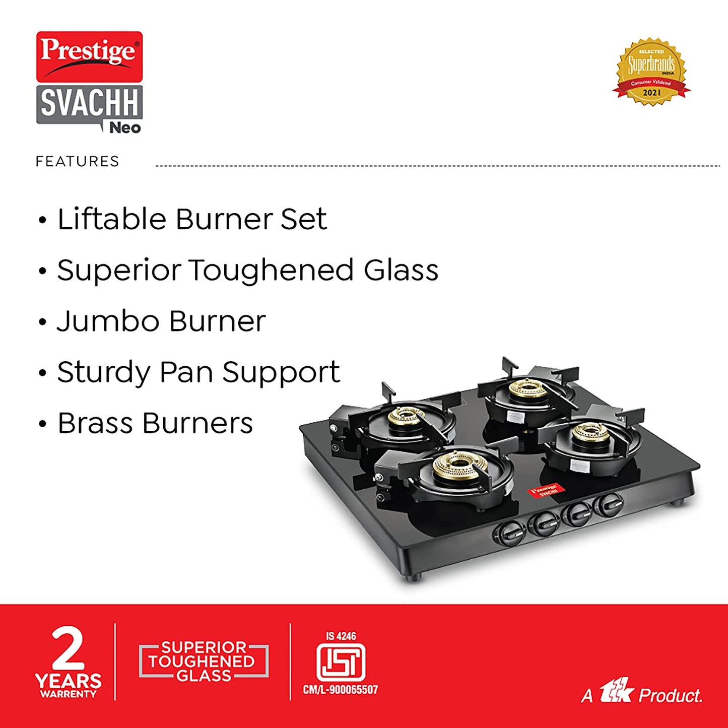 Prestige Svachh Neo GTSN 04 SQ Toughened Glass Top Gas Stove with Liftable Burner Set, 4 Burners Square