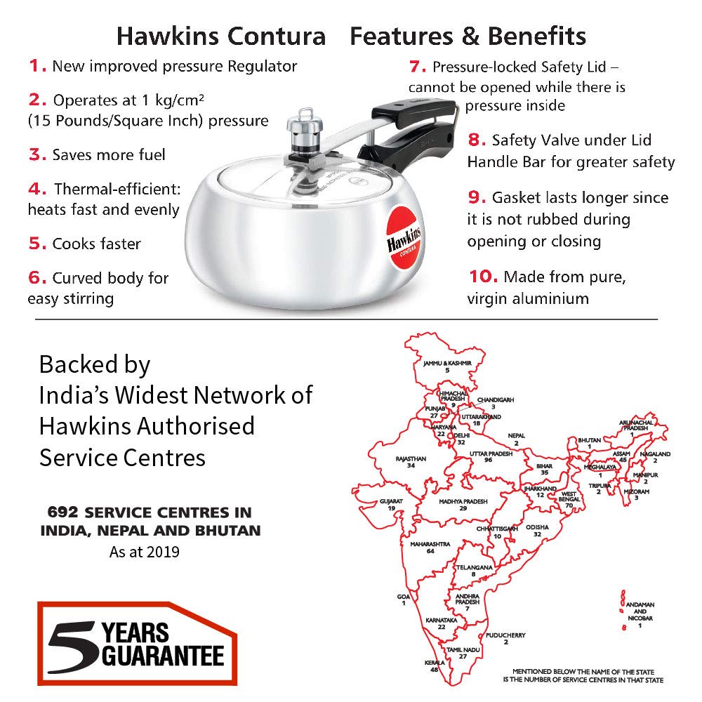 Hawkins Contura Aluminium Non-Induction Base Inner Lid Pressure Cooker, 2 litres