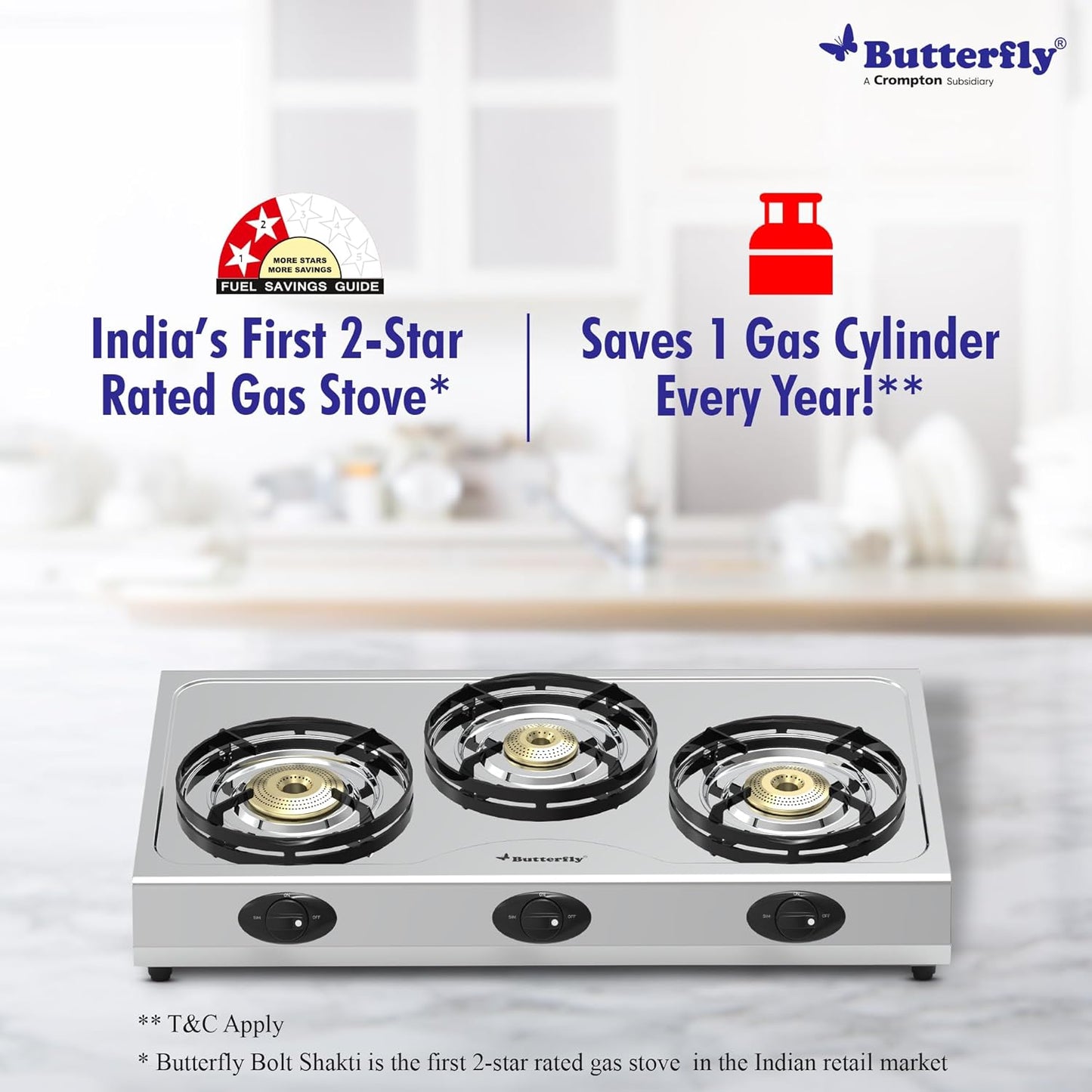 Butterfly Bolt Shakti Stainless Steel Gas Stove, 3 Burner
