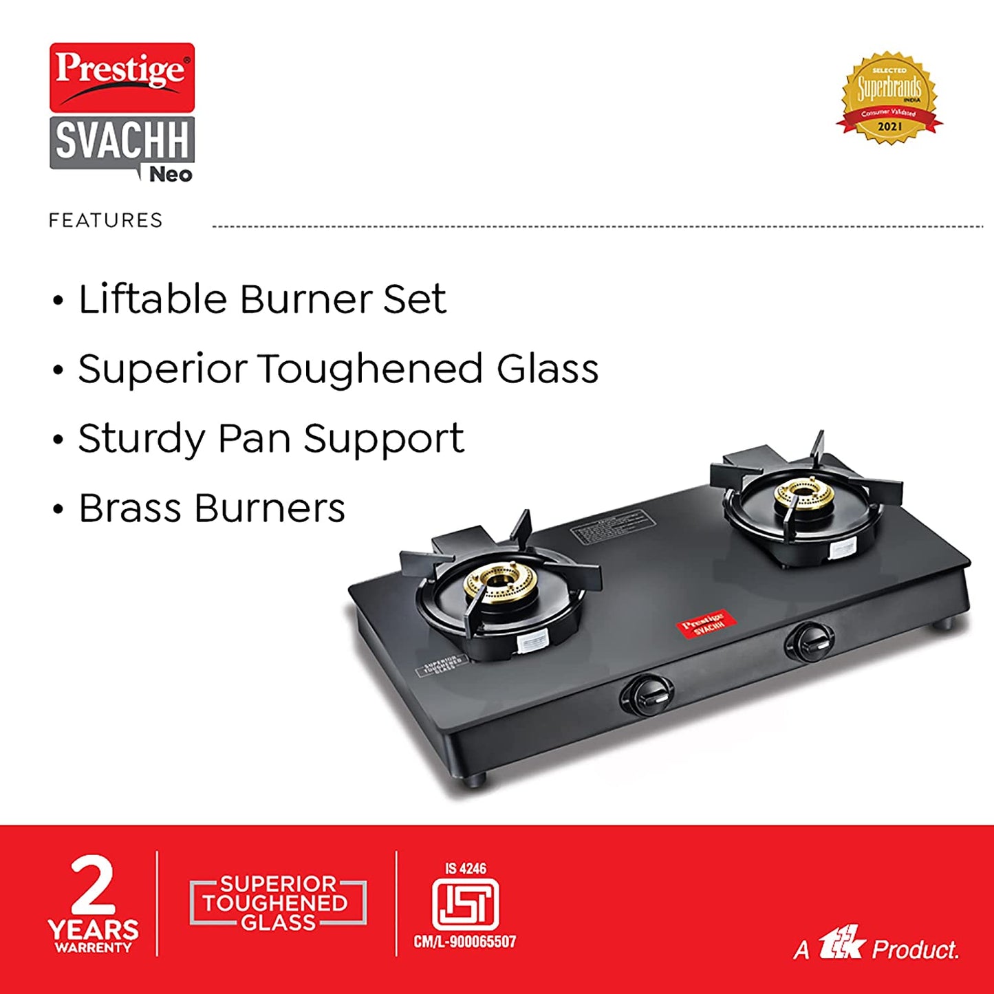 Prestige Svachh Neo GTSN 02 Toughened Glass Top Gas Stove with Liftable Burner Set, 2 Burners