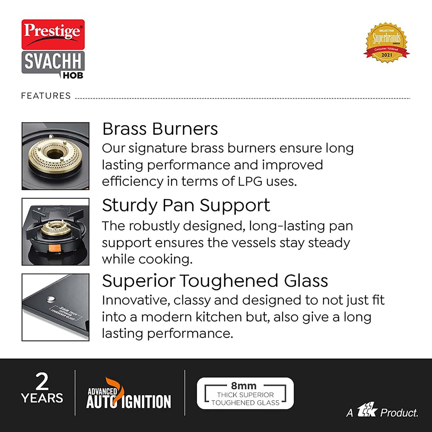 Prestige Svachh Hob PSVH 03 AI Toughened Glass Top Hob Gas Stove with One-Touch Advanced Auto-Ignition, 3 Burners