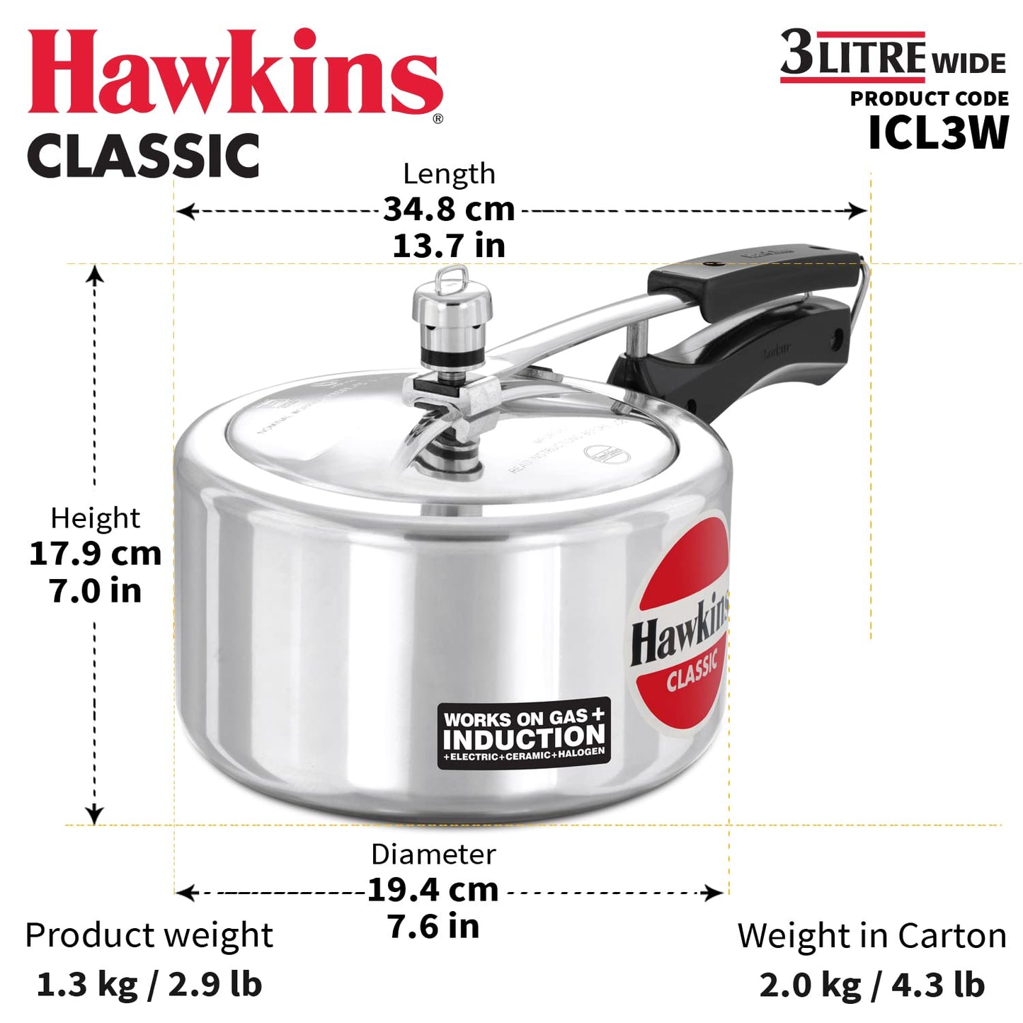 Hawkins Classic Aluminium Induction Base Inner Lid Pressure Cooker, 3 Litres Wide