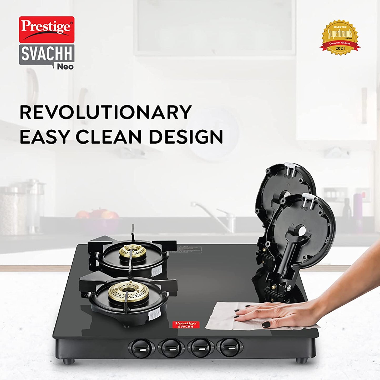 Prestige Svachh Neo GTSN 04 SQ Toughened Glass Top Gas Stove with Liftable Burner Set, 4 Burners Square