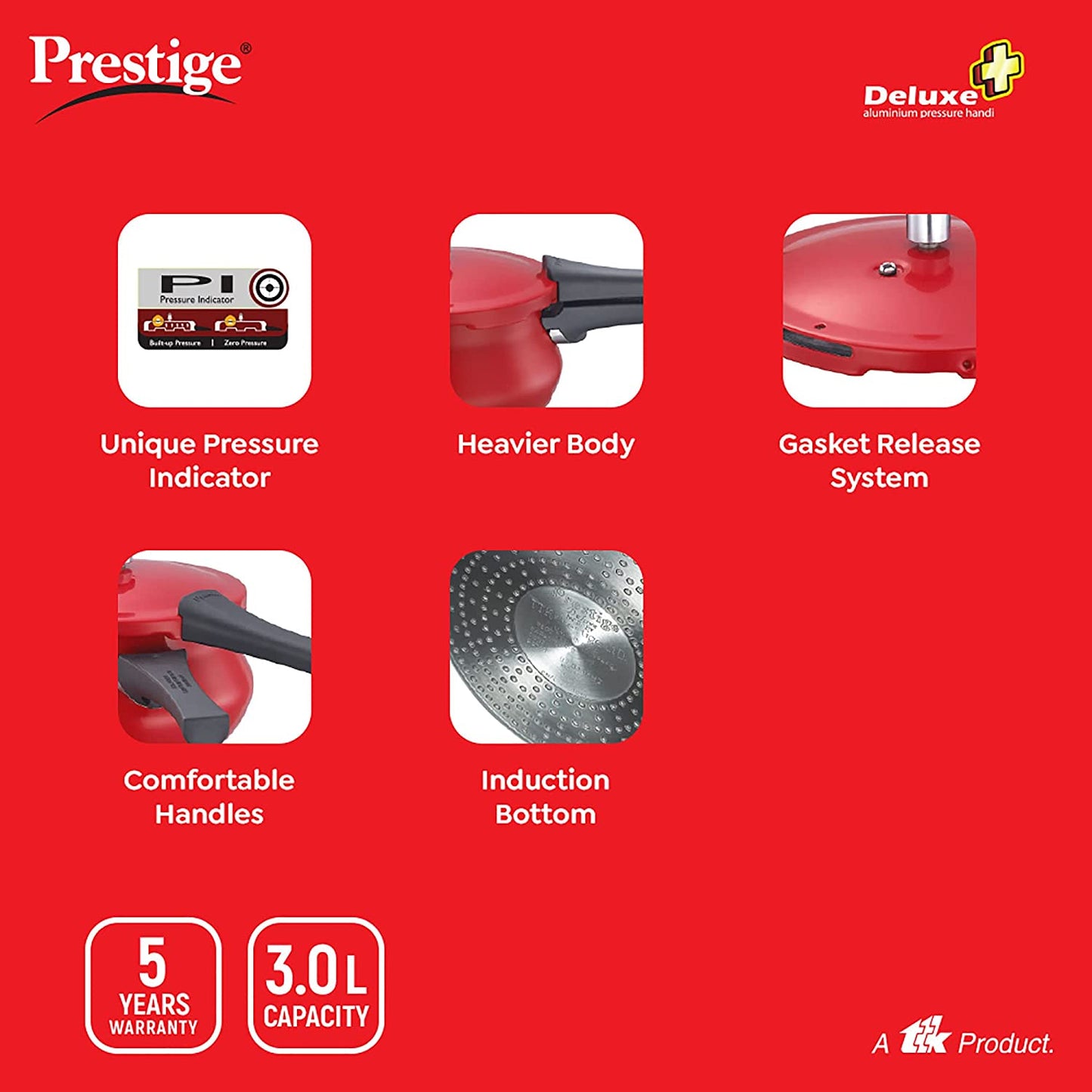Prestige Deluxe Plus Aluminium Induction Base Outer Lid Pressure Cooker Mini Handi, 3 Litres