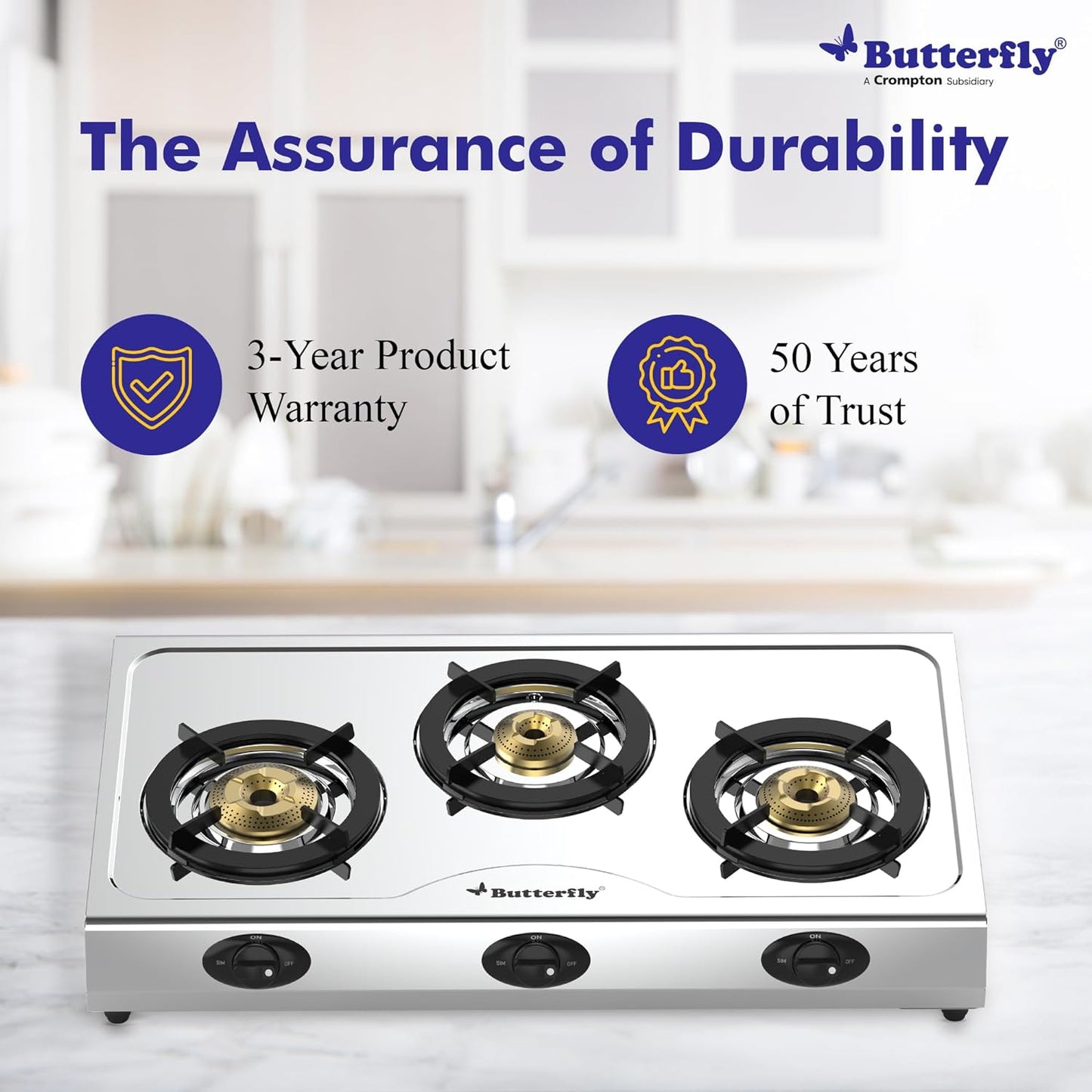 Butterfly Bolt Stainless Steel Gas Stove, 3 Burner