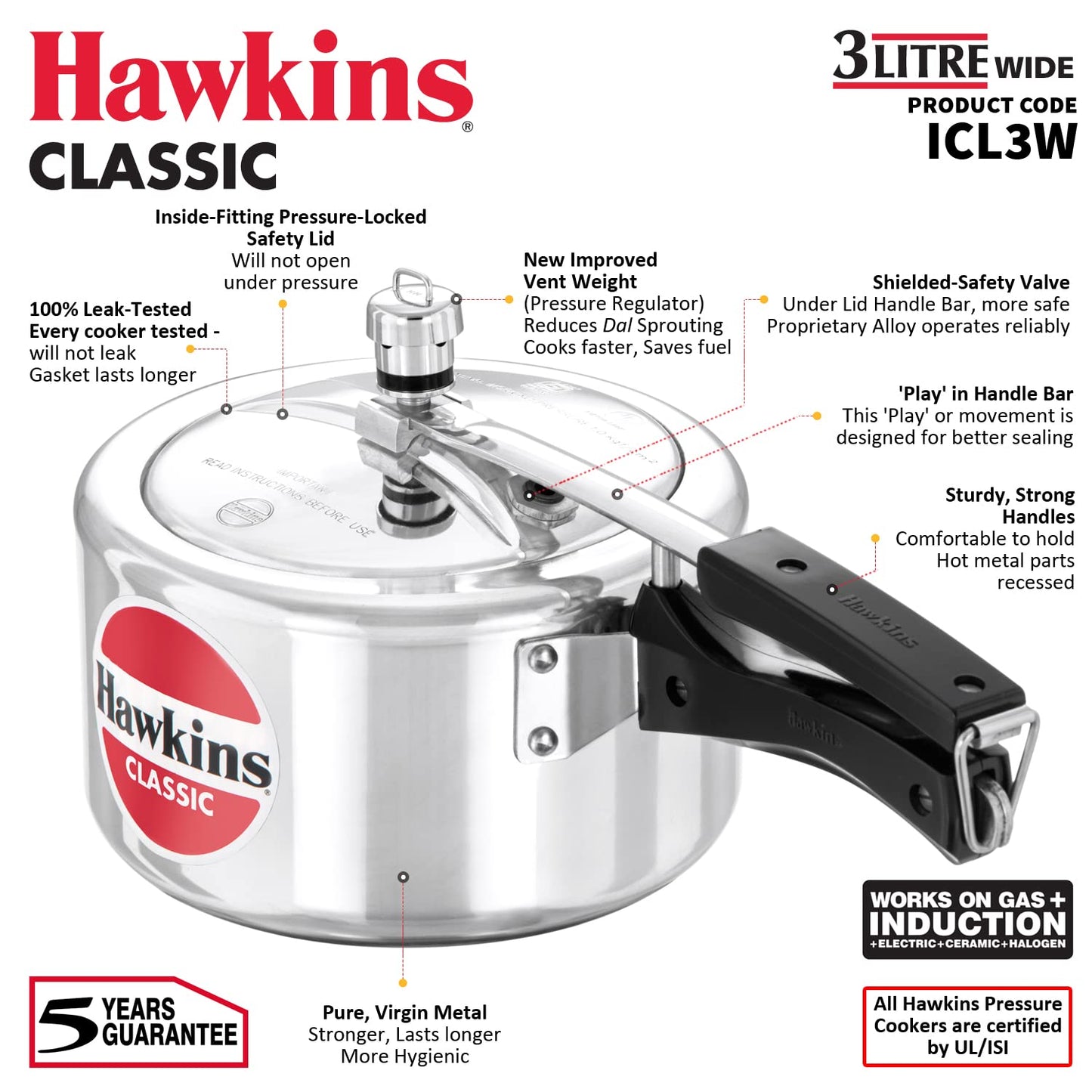 Hawkins Classic Aluminium Induction Base Inner Lid Pressure Cooker, 3 Litres Wide