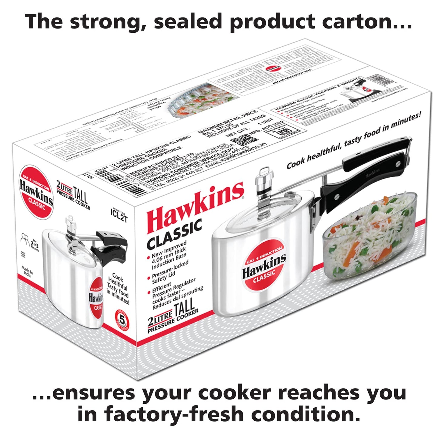 Hawkins Classic Aluminium Induction Base Inner Lid Pressure Cooker, 2 Litres Tall