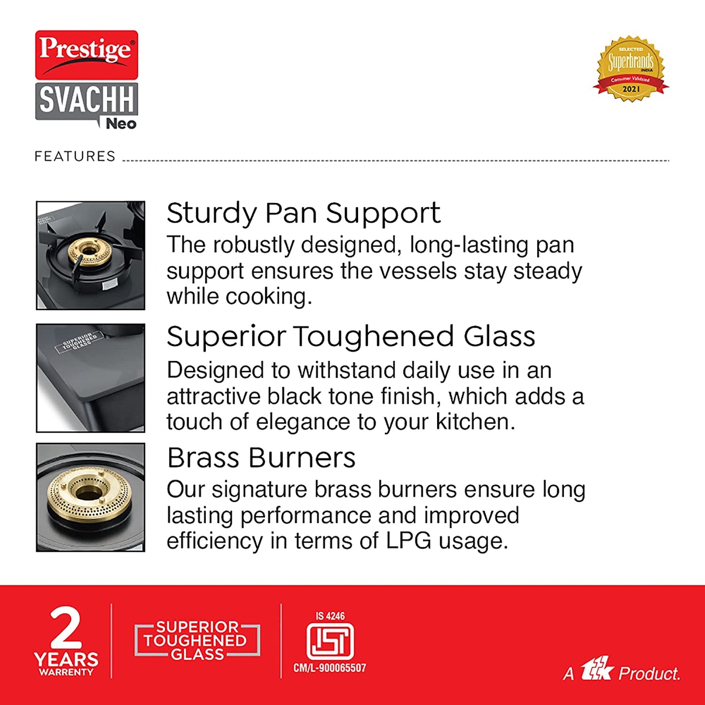 Prestige Svachh Neo GTSN 04 SQ Toughened Glass Top Gas Stove with Liftable Burner Set, 4 Burners Square