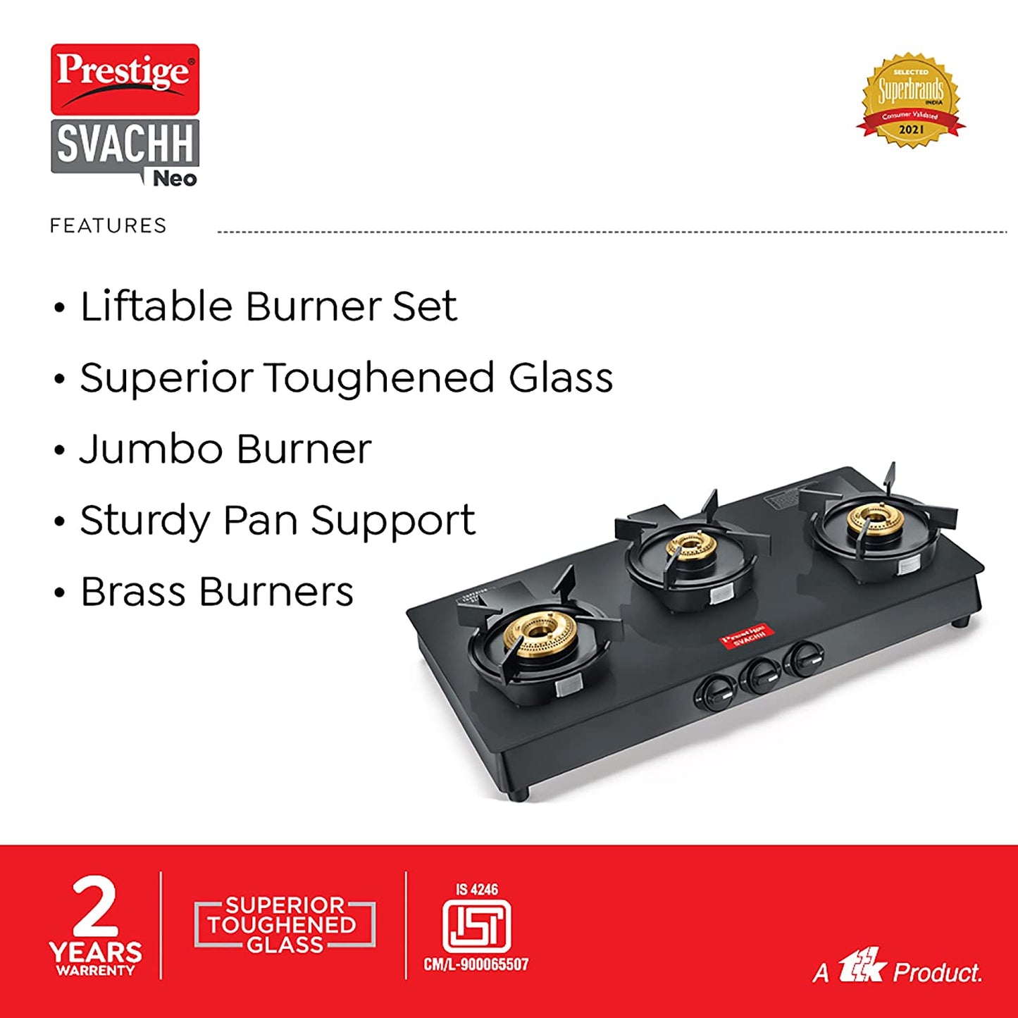 Prestige Svachh Neo GTSN 03 Toughened Glass Top Gas Stove with Liftable Burner Set, 3 Burners