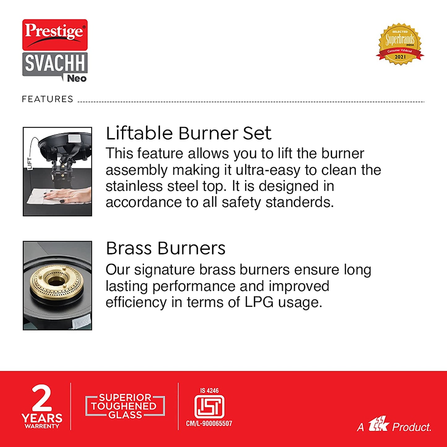 Prestige Svachh Neo GTSN 02 Toughened Glass Top Gas Stove with Liftable Burner Set, 2 Burners