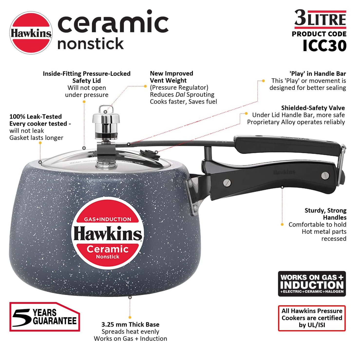 Hawkins Ceramic Nonstick Induction Base Inner Lid Pressure Cooker, 3 Litres
