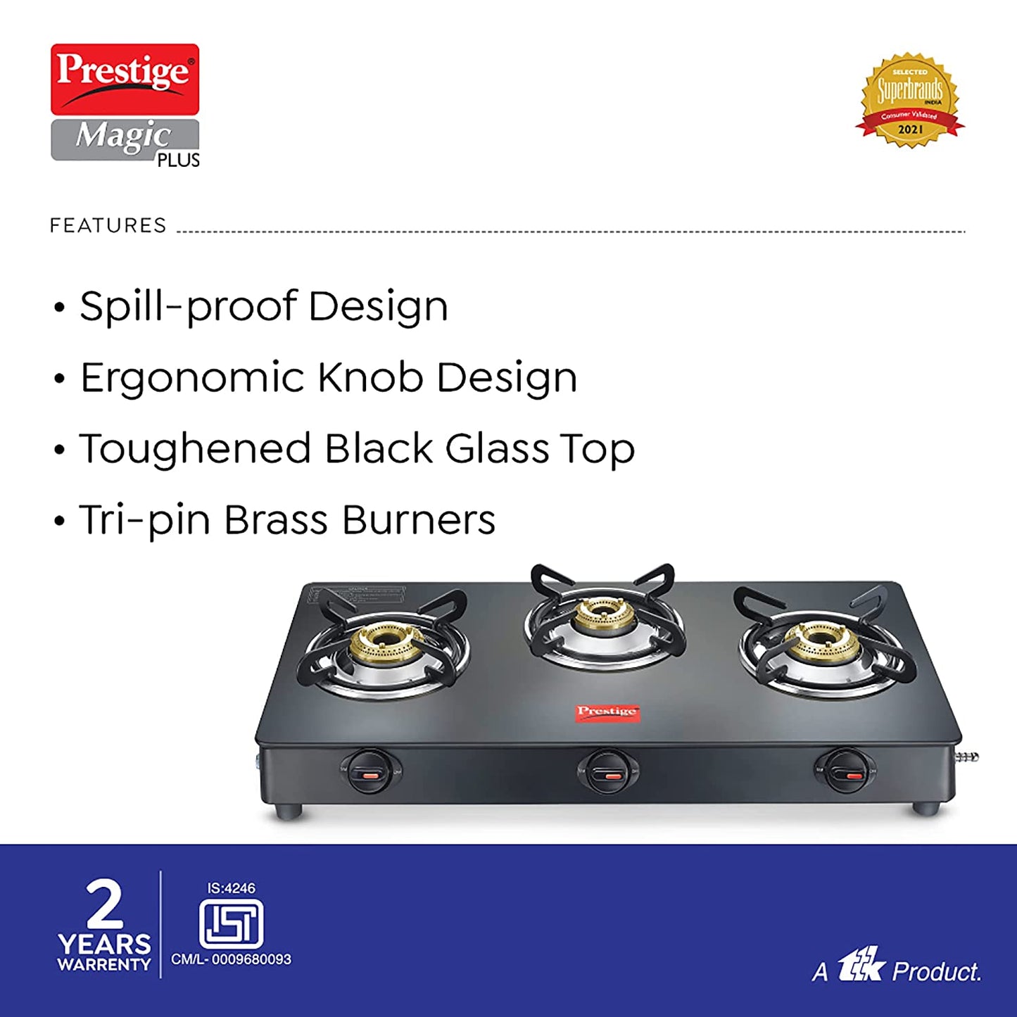 Prestige Magic Plus GTMP 03 Toughened Glass Top Gas Stove, 3 Burners