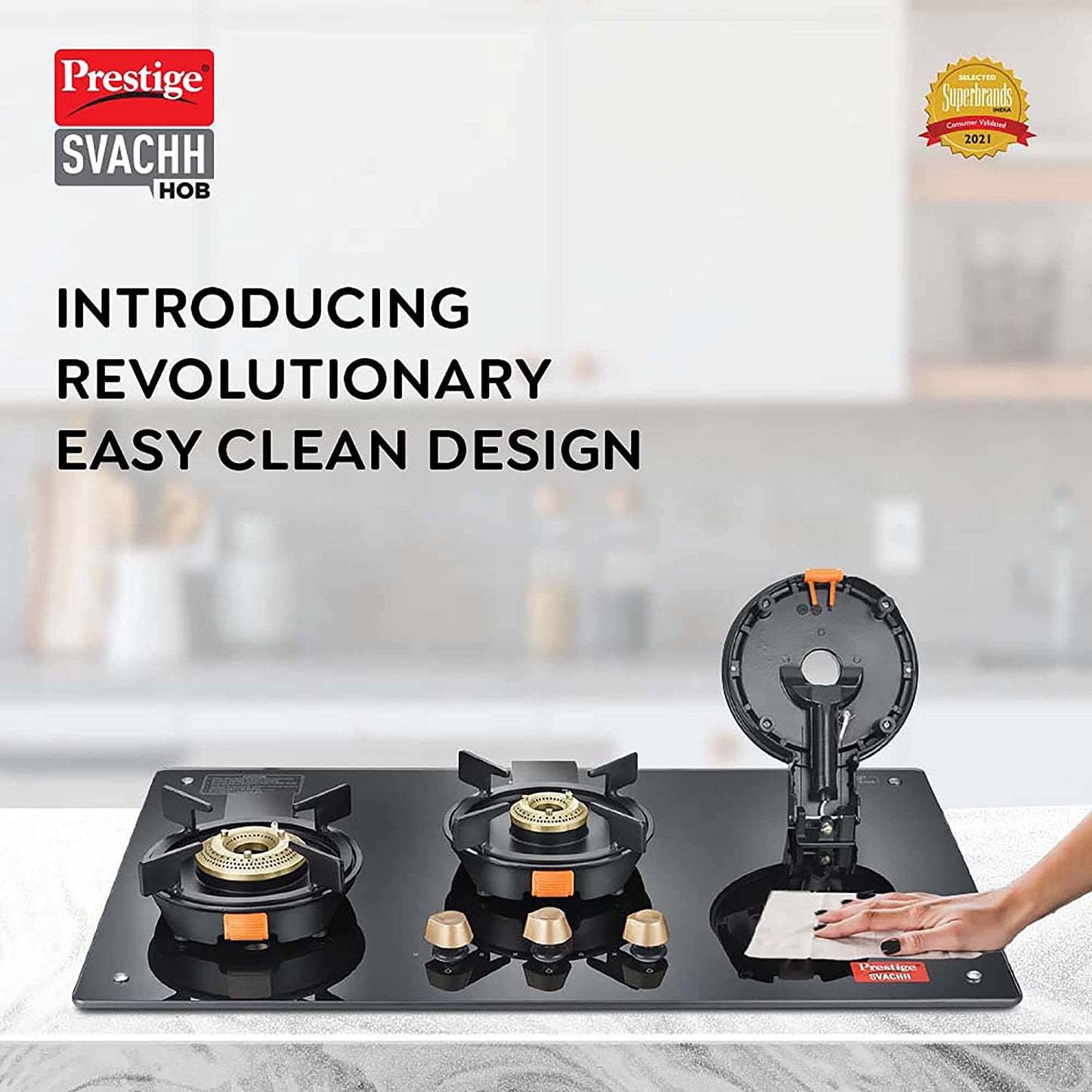 Prestige Svachh Hob PSVH 03 AI Toughened Glass Top Hob Gas Stove with One-Touch Advanced Auto-Ignition, 3 Burners