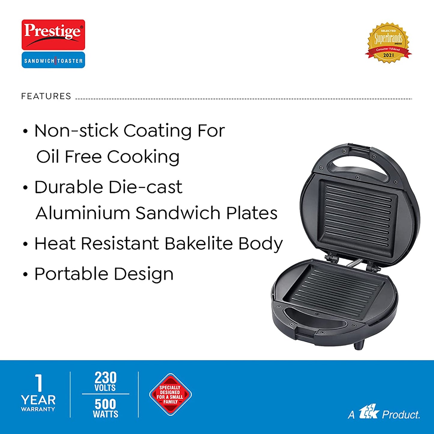 Prestige PGSP Single Sandwich Maker with Fixed Grill Plates, 500W