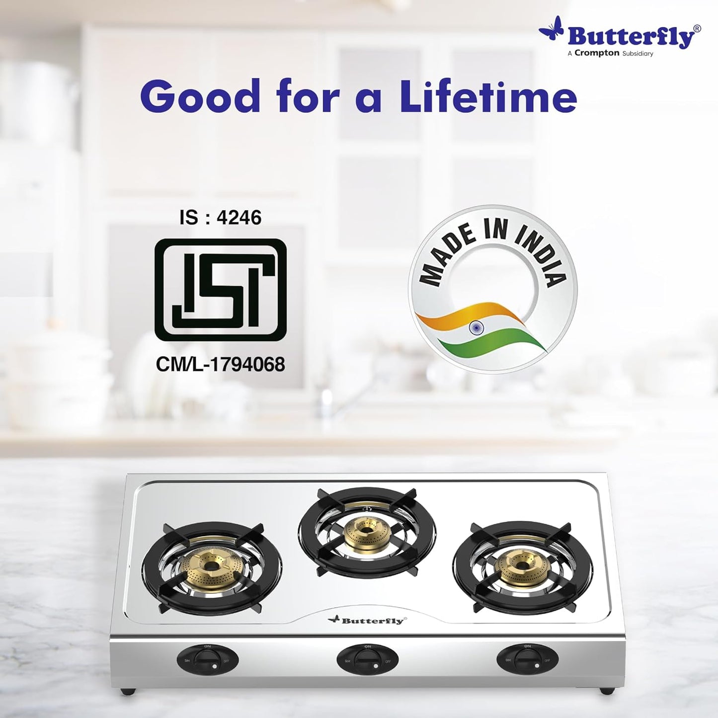 Butterfly Bolt Stainless Steel Gas Stove, 3 Burner