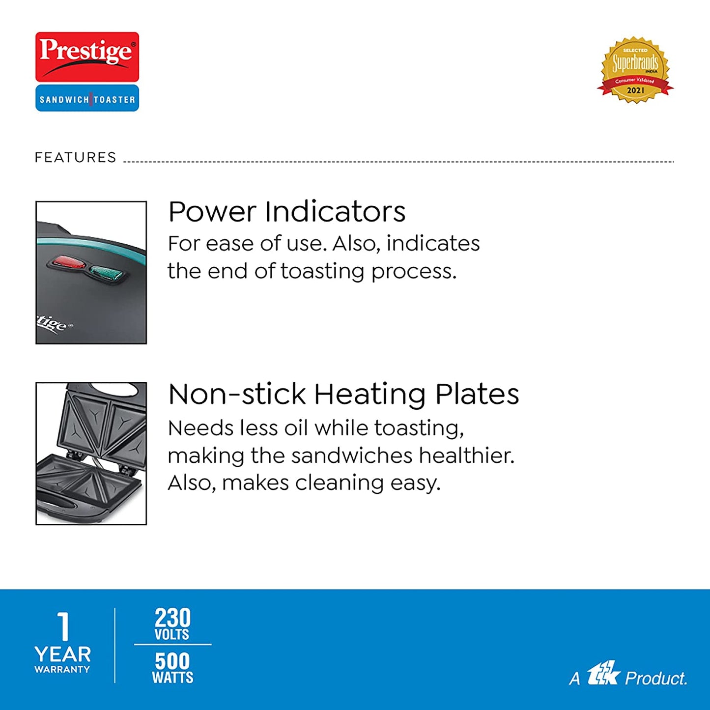 Prestige PSMFB-D Sandwich Maker with Fixed Sandwich Plates, 800W