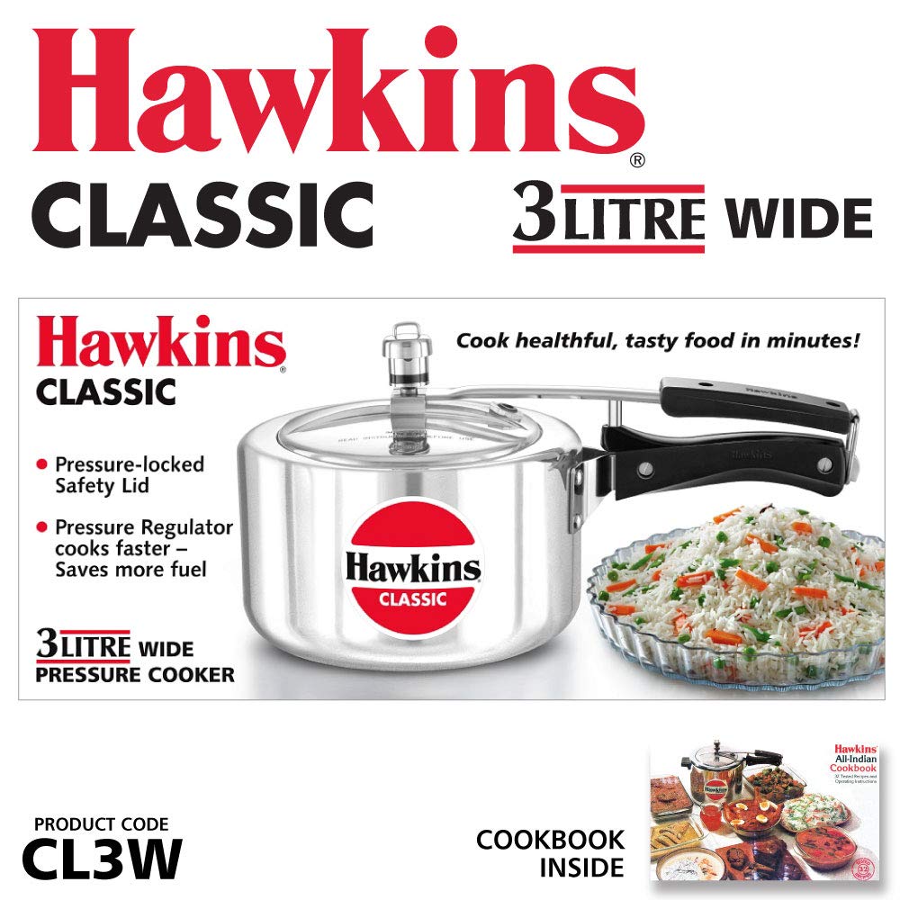 Hawkins Classic Aluminium Non-Induction Base Inner Lid Pressure Cooker, 3 Litres Wide