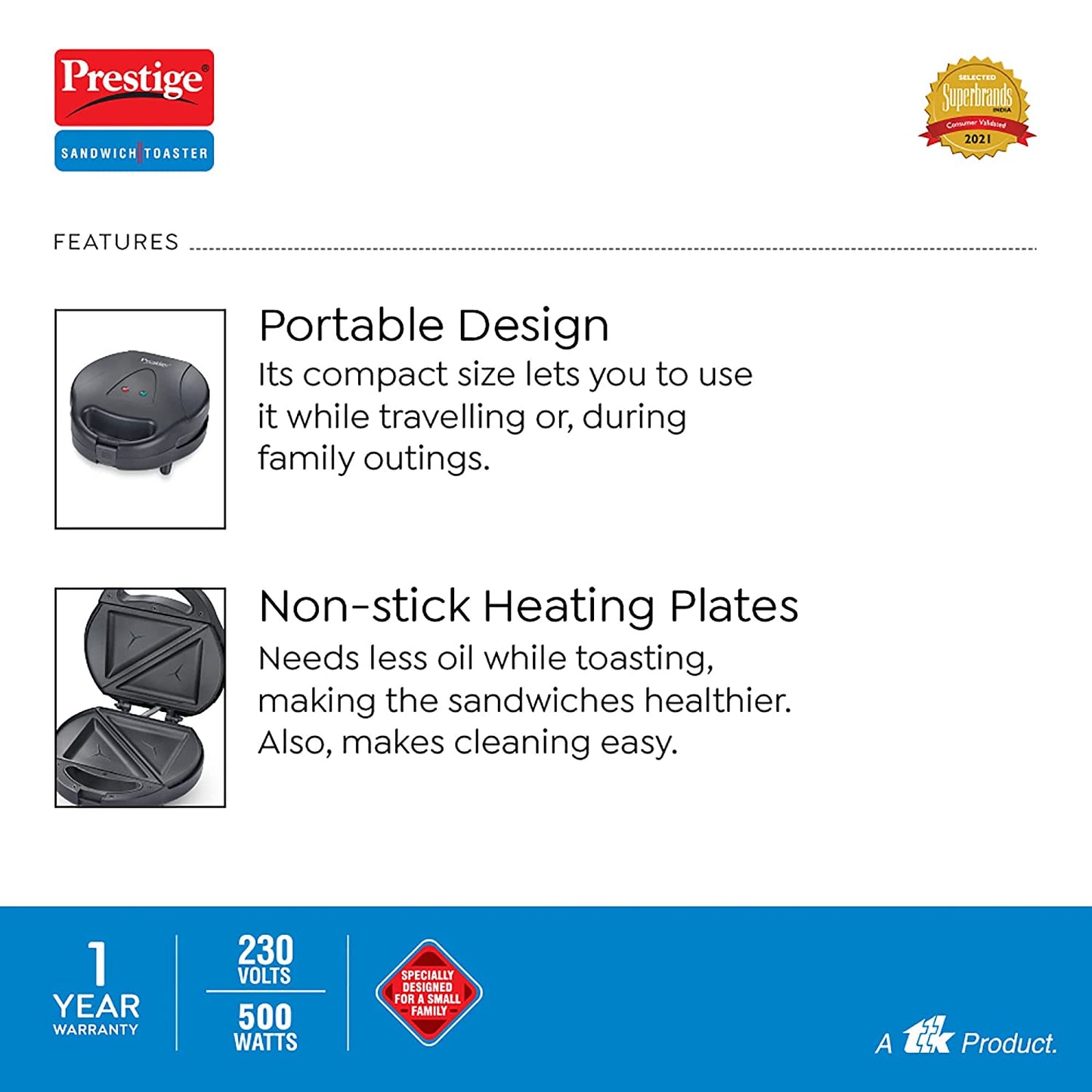 Prestige PSSP Single Sandwich Toaster with Fixed Sandwich Plates, 500W