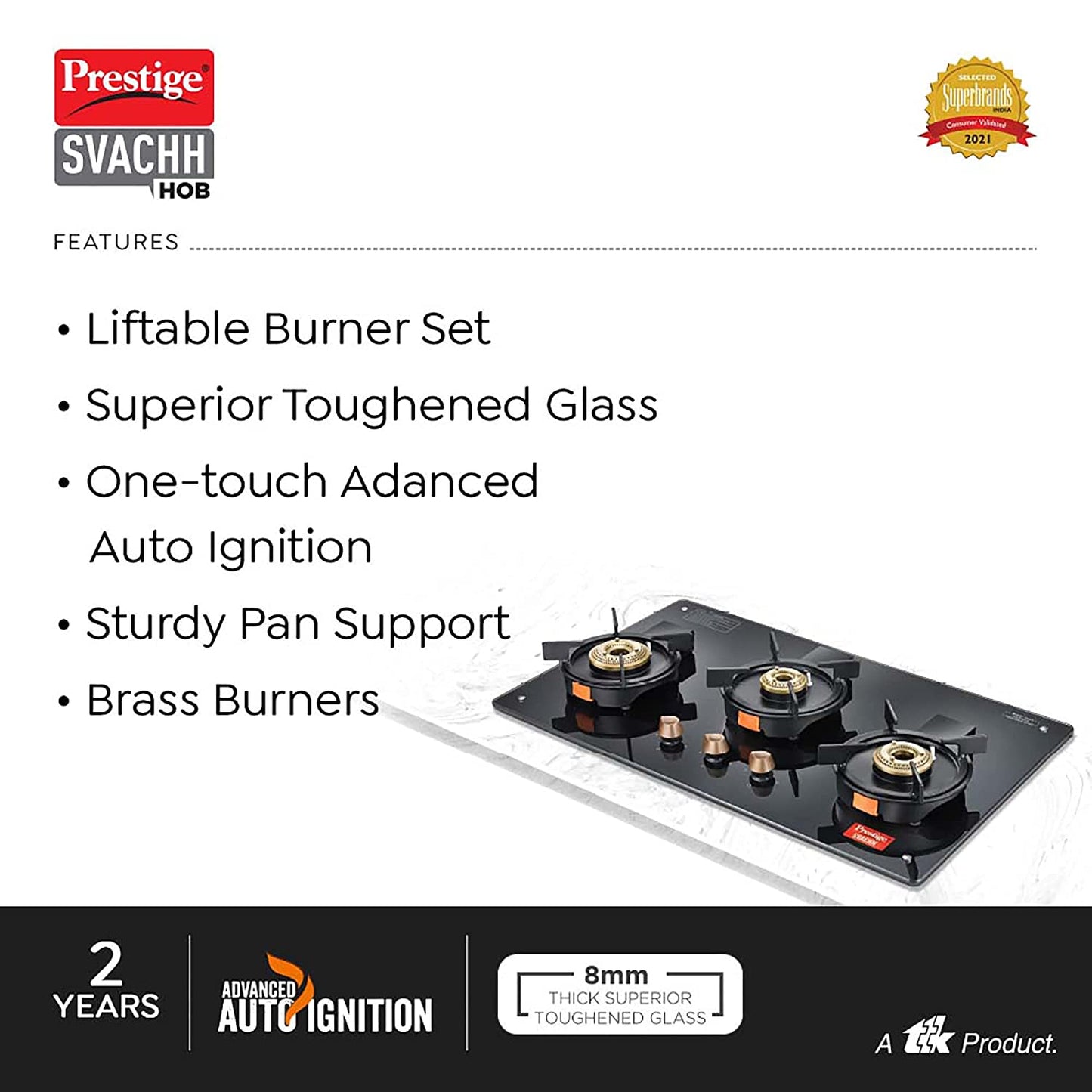 Prestige Svachh Hob PSVH 03 AI Toughened Glass Top Hob Gas Stove with One-Touch Advanced Auto-Ignition, 3 Burners