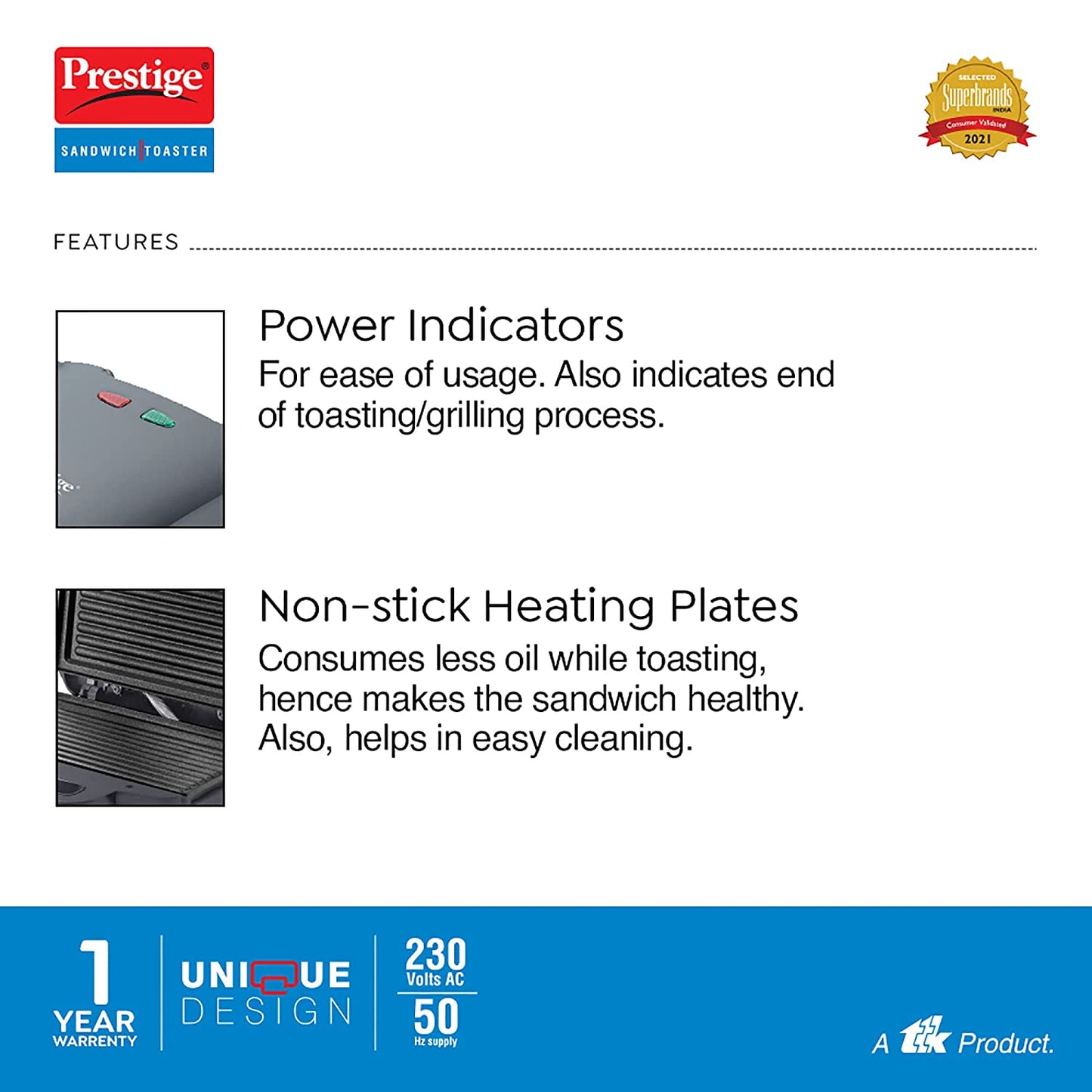Prestige PGMFB Sandwich Maker with Fixed Grill Plates, 800W