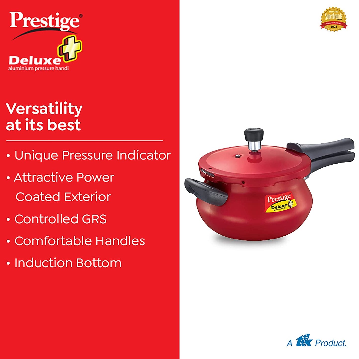 Prestige Deluxe Plus Aluminium Induction Base Outer Lid Pressure Cooker Mini Handi, 3 Litres